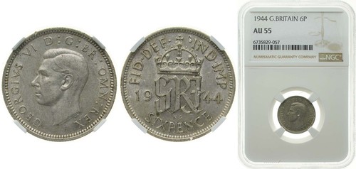 Great Britain 1944 6 Pence Silver (.500) NGC AU 55