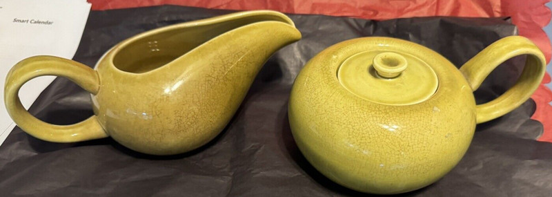 Mid Century Mod Russel Wright Chartreuse American Modern Creamer & Sugar W Lid