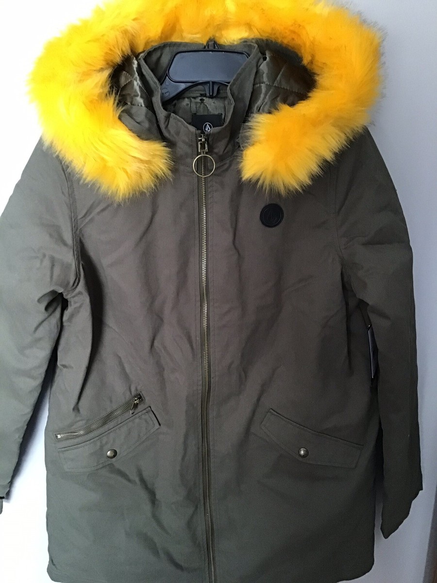VOLCOM Pow Now Winter Parka Jacket Women's Green Faux Yellow Fur