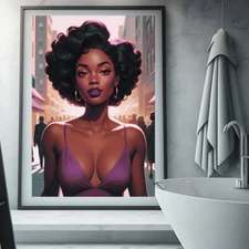 Black Woman, Purple,  Painting Illustration Digital Wall Art Poster Decor