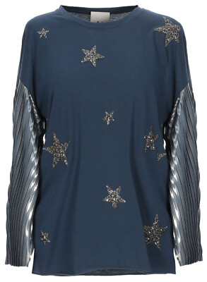 New JIJIL Blue Stars Applique Glitter Pleated Sleeves Shirt Top Blouse T-Shirt