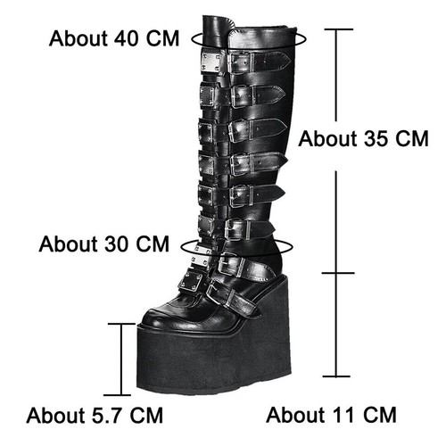 Womens Metal Buckles Decor Gothic Punk Fashion Boots Knee High Wedge High Heel - Picture 3 of 23