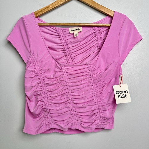 Open Edit Ruched Cup Sleeve Crop Top in Pink NWT Women's Size Medium