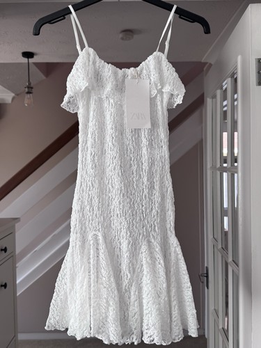 Zara White Godet Lace Sheer Mini Dress Size S Ref 6050/338 Beach Holiday
