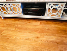 Grey/White TV Stand, 4 Geometric Hinged Doors, Open Shelf, Fully Assembled