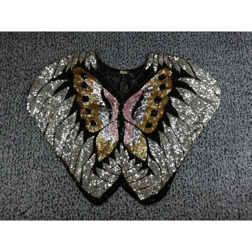 Vintage Sequin Silk Butterfly Capelet Womens OS Black Silver Gold Beaded