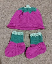 Baby Knitted Hat  Matching Booties Eggplant Style