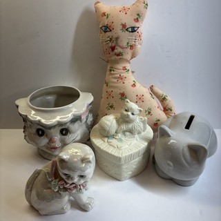 Vintage Ceramic Cat Lot Kitty Figurines Planter Piggy Bank Plush Decor