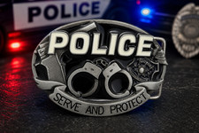 Police Serve Protect Handcuffs Novelty Black Enamel Metal Buckle