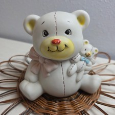 Vintage Ceramic Teddy Bear Nursery Lamp White with Pink Bow Night Light