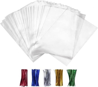 100PCS Cellophane Bags Clear Plastic Cello Bags 4x6 with 4'' Twist Ties 5 Mix ...