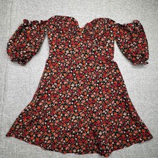 Nasty Gal Sz 2 Black Ditsy Floral Mini Dress Off-Shoulder Puff Sleeve