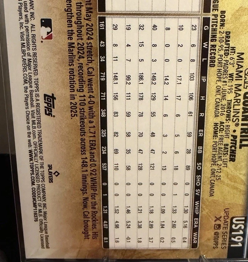 2025 Topps Update Cal Quantrill #US191 Golden Mirror Variation Marlins SSP - Image 2 of 3