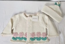 Baby Hand Crochet Hat and Sweater Set White 0-6 Month Newborn NWT