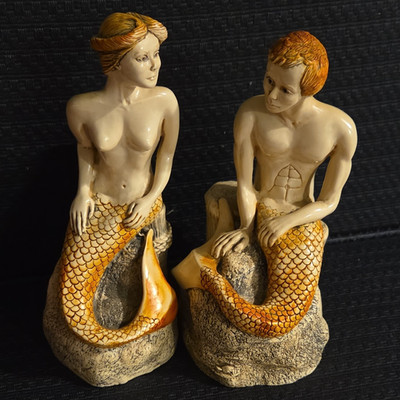 Cook Company Fantasy Mermaid Figurines Set of 2 Orange Tails on Rocks