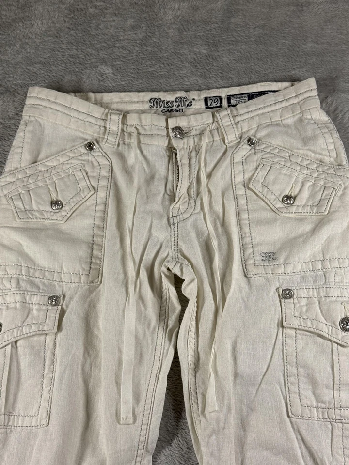 Miss Me Pants Womens 29 Cargo Capri White Linen Blend Embroidered Rhinestone Y2K - Image 2 of 4