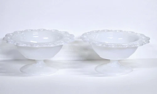 Pair Of Vintage Anchor Hocking Pedestal Lace Edge White Milk Glass Dish/Bowls