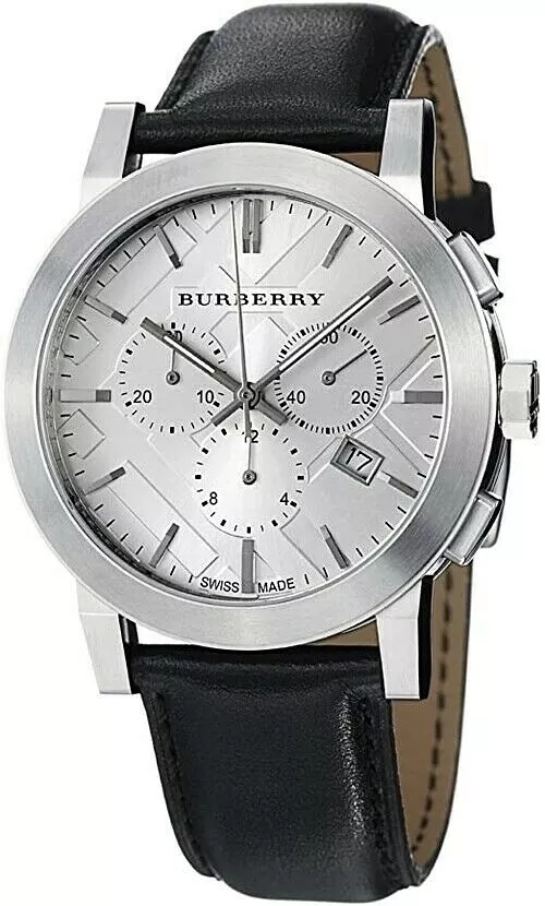 Brand New Burberry BU9355 Chronograph Dial Steel Black Leather Men s Watch