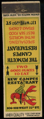 UNION MATCH QUALITY / Plymouth Campus Restaurant New Campus Restaurant matchbook