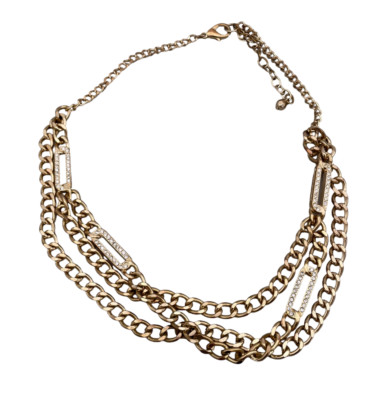 Rhinestone Three Strand Curb Link Chain Necklace Gold Tone 20 to 23 Inches