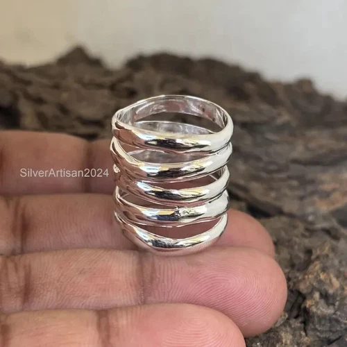 Antique Silver long FIVE PARALLEL LINES Ring, Boho Minimalist Modernist All size