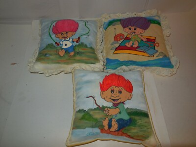Vtg 90s Hand Painted Treasure Trolls Beach Fishing Novelty Throw Pillow 10''x10''