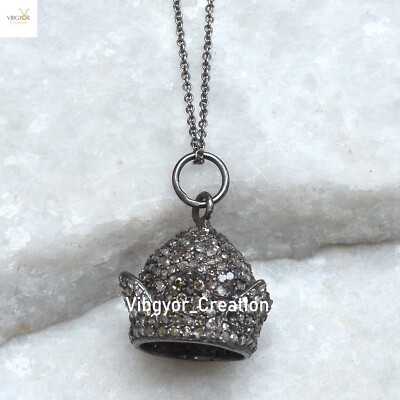 Natural Pave Diamond Charm 925 Sterling Silver Crown Pendant 16'' Link Chain Gift