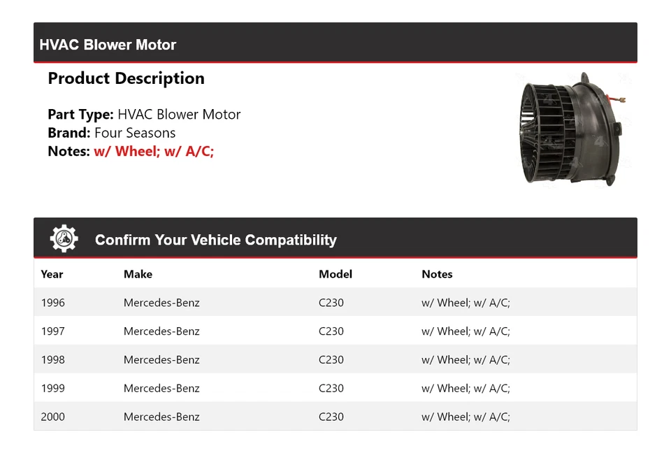 For 1996-2000 Mercedes-Benz C230 HVAC Blower Motor 4 Seasons 1997 1998 1999 - Image 2 of 4