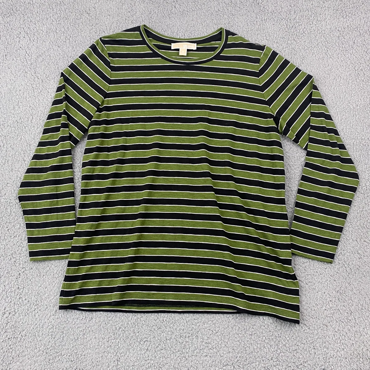 Michael Kors T Shirt Womens Sz M Striped Long Sleeve Top Green eBay