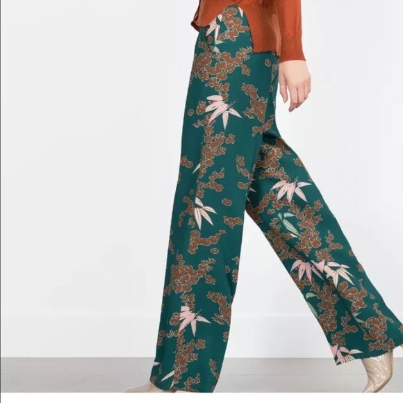 ZARA Teal Green Floral Leaves Printed High Rise Wide Leg Pants Trouser Crepe - S | eBay