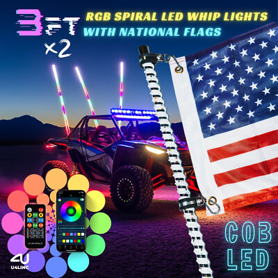2  3ft RGB COB LED Whip Lights Antenna Chase Bluetooth & Remote for ATV UTV SXS