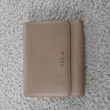 Furla Compact Wallet Taupe Saffiano Leather Trifold Zip Coin Womens
