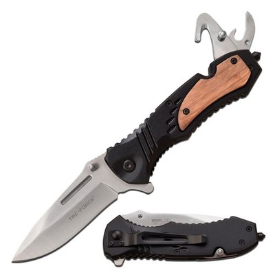 Tac-Force Spring Assisted Knife w/Aluminum+Wood Handle-Can Opener, Cutter & Clip
