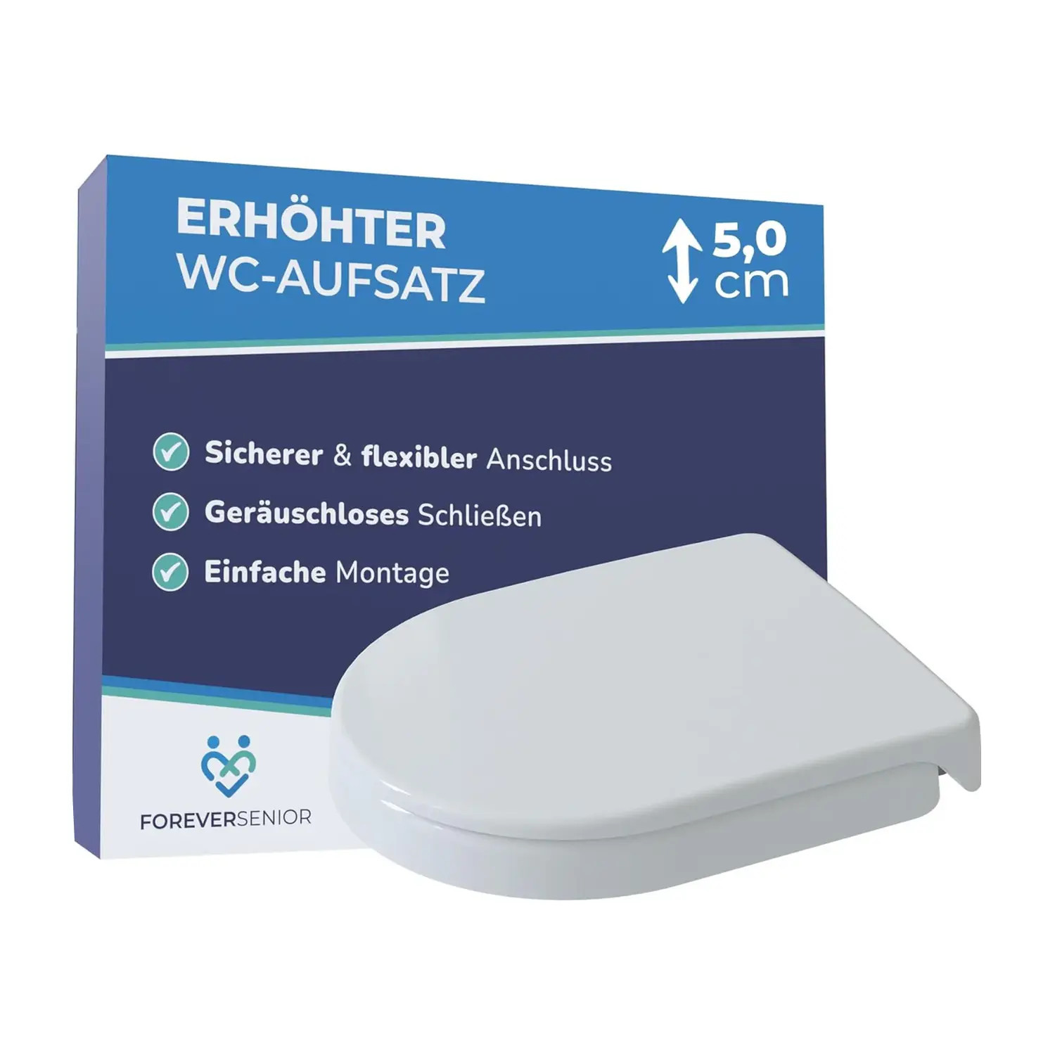 Elevador de asiento de inodoro ForeverSenior 5 cm con descenso automático para inodoro en forma de D