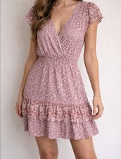 American Eagle Rust Red Floral V-Neck Ruffle Hem Mini Dress Small Spring