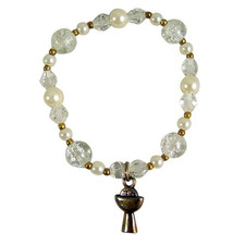 Crackled Glass Marble Bead First Communion Stretch Bracelet with Gold-Toned IHS