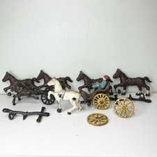 Antique Cast Iron 7 Horses 2 Drawn Wagons, Wagon Wheels And 1 Wagon Driver Toys