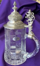 Echter Bmf West German Hand Cut Etched Crystal Beer Stein Zinn Pewter Lid Nwt