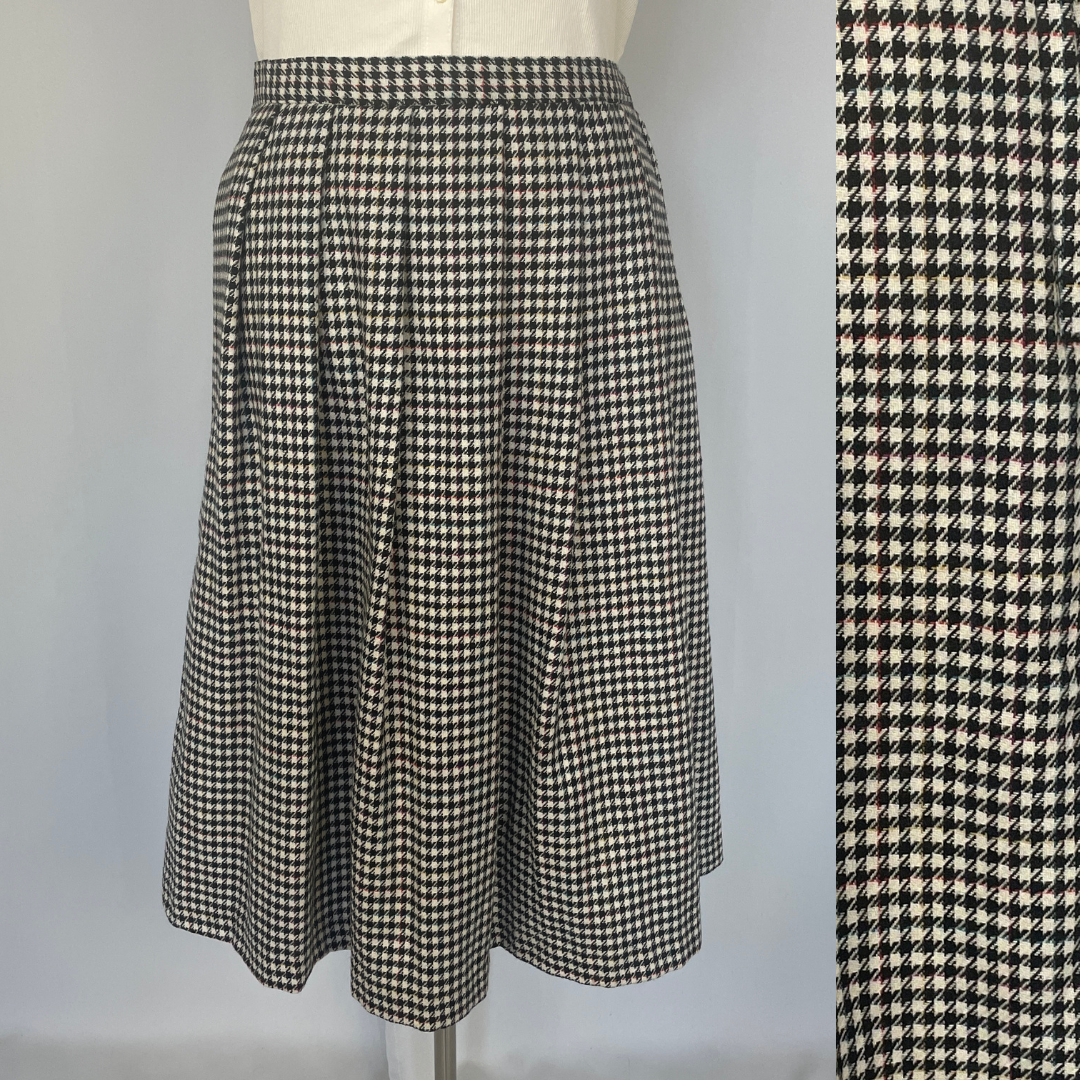 Vintage Midi Skirt Plus Size 18 Black White Houndstooth Pleated Wool Academia-image