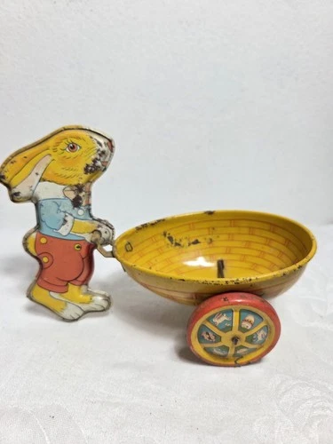 J. Chein Tin Easter Rabbit Pulling Egg Cart Toy Duck Cartoon Bunny Hare