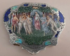 Great enamel scenic silver Italian powder compact, men women and dancing, cupid!