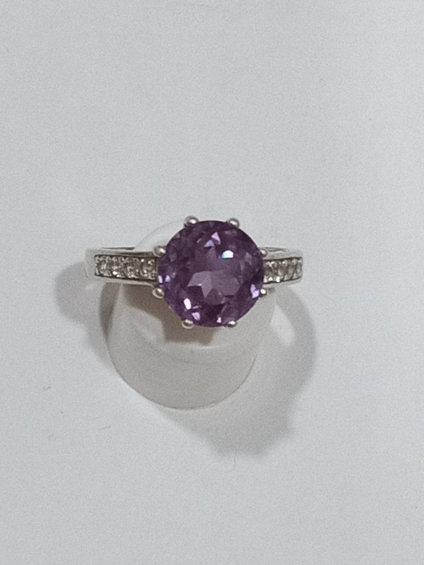 925 Silver Filigree Ring With Purple Cz Solitaire & White Cz Accents, Size 8