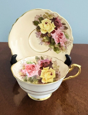 PARAGON Pink & Yellow Cabbage Rose over Peach TEA CUP & SAUCER Bone China Teacup