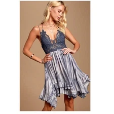 Free People One Adella Tie Dye Woven Slip Gauze Swing Mini Dress Blue Medium