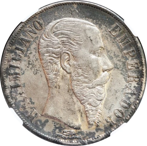 Mexico 1 Peso Mo 1866 Maximilian, NGC MS61. Nice original luster. KM# 388.1