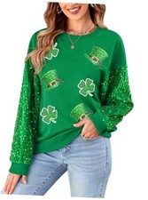 Women's Christmas Sequin Long Sleeve Sweatshirts Holiday Small Hat  Clover