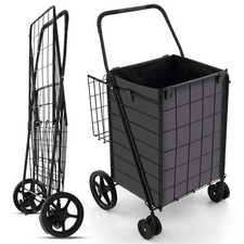 Folding Shopping Cart Utility Double Basket Grocery Cart w/ Waterproof Liner