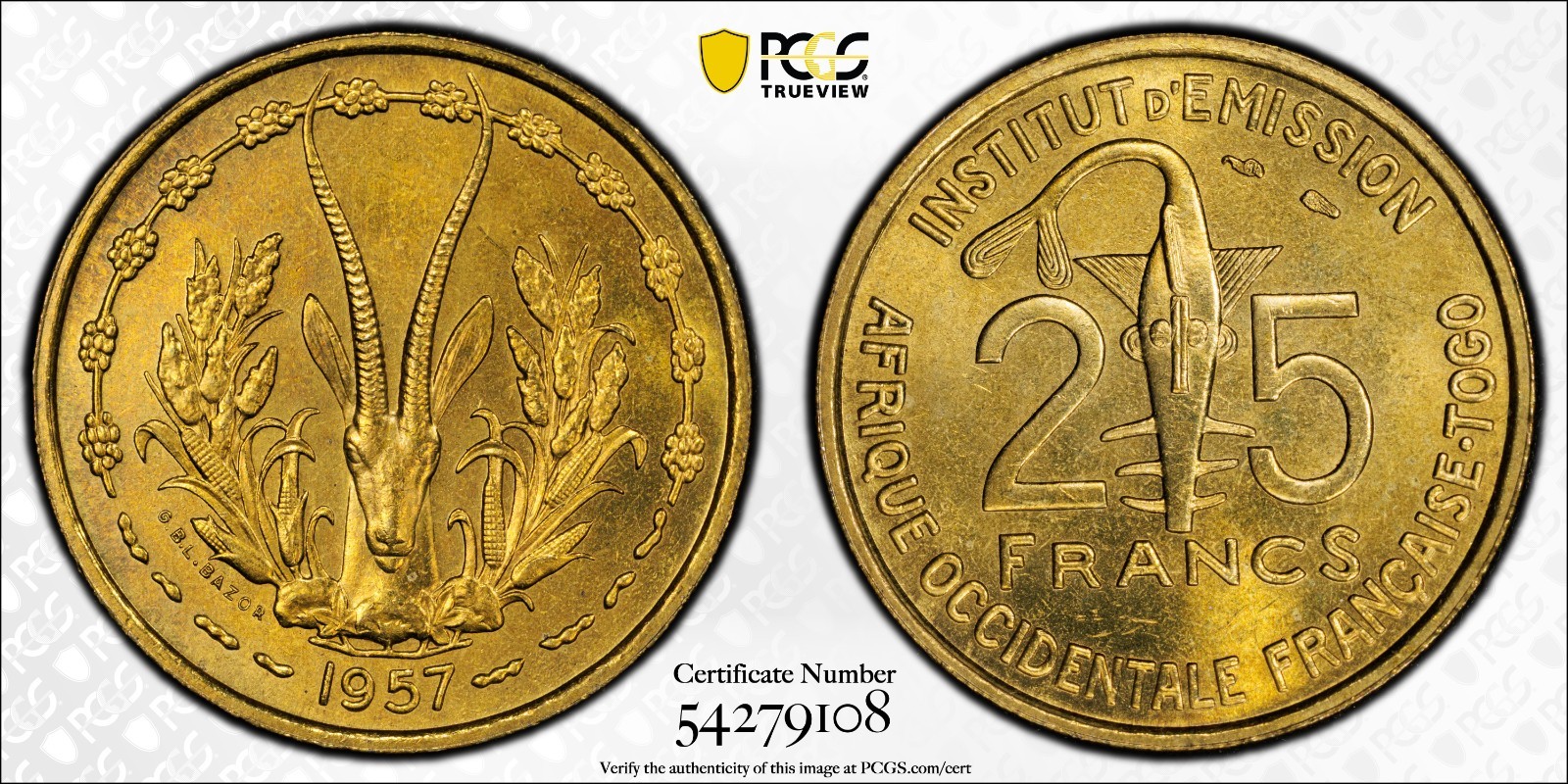 French West Africa 25 Francs 1957 PCGS MS 65