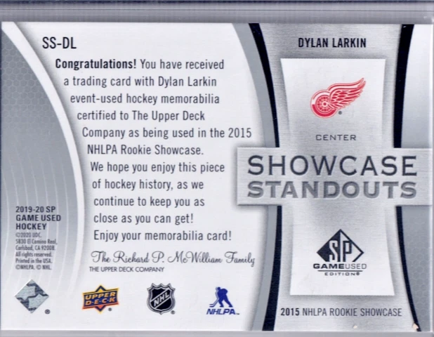 2019-20 Upper Deck SP Game Used #SS-DL Dylan Larkin 2015 Rookie Showcase Jersey - Image 2 of 2