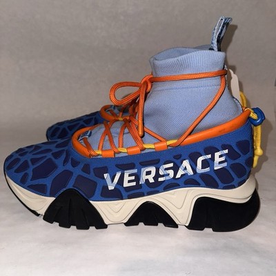 Versace Men's US Size 11 EU Size 45 Squalo Sock Sneaker Blue Orange Black White